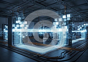 Futuristic server room with digital data streams and floating binary