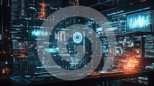 Futuristic server room displaying global data management