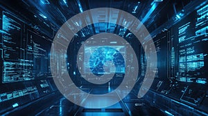 Futuristic server room displaying global network data and code