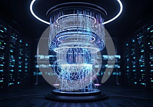 Futuristic server room featuring a large,