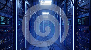 Illuminated server room data center cloud computing technology concept generative ai
