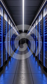 Futuristic server room with glowing blue lights