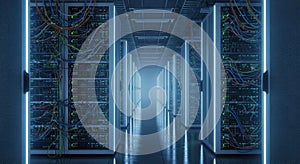 Futuristic Server Room with Glowing Blue Lights and Data Cables