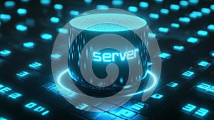 Futuristic Server Room With Glowing Blue Lights. Digital Data Processing