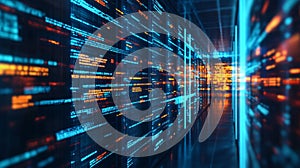 Futuristic server room with glowing blue and orange data streams