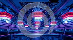 Futuristic Server Room with Glowing Blue and Red Lights