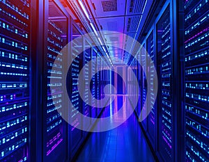 Futuristic Server Room Glowing Blue, Visualizing High-Speed Data Flow Technology