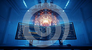 Futuristic Server Room with Glowing Core and Coding Monitors