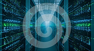 Futuristic Server Room with Glowing Data Racks and Light Trails