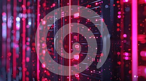 Data Center Server Racks with Glowing Red Lights, Digital Information Processing