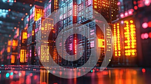 Futuristic Server Room with Glowing Lights and High-Tech Data Storage Systems