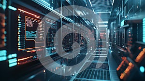 Futuristic server room with glowing screens and blue lighting