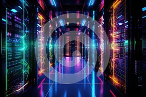 Futuristic server room interior with neon lights. 3D Rendering, Data Center Server Room. Network Communication, Colorful Neon