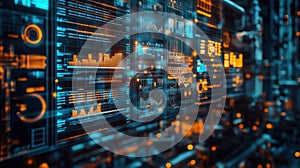 Futuristic server room monitoring system displaying real time data analysis