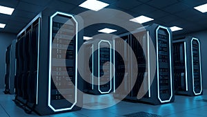 Futuristic Server Room with Neon Blue Lights - Data Center Cloud Computing