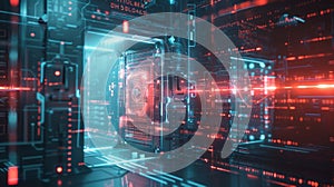 Futuristic server room processing data with complex circuitry and lighting effects