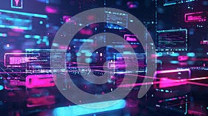 Futuristic server room processing data with holographic screens displaying code