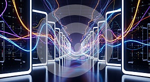 Futuristic server room with glowing data streams and illuminated server racks data center