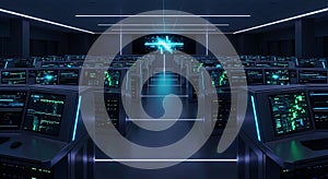 Futuristic Server Room with Rows of Monitors and Glowing Blue Lights