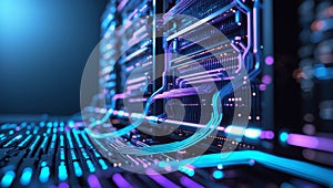 Futuristic server room visualization with glowing neon circuitry and data flow concept