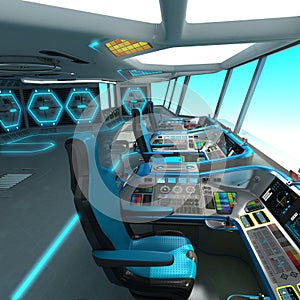 A futuristic ship-cutting project. Command bridge of a spacecraft. Control panel and pallet management units.