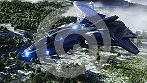 Futuristic ship and sci fi city. Future concept. Aerial view. 3d rendering.
