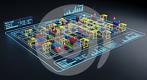 Futuristic shipping port management system interface displaying real time data analysis