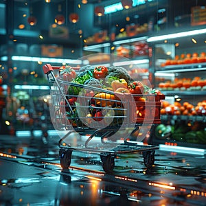 Futuristic shopping cart stocked with a variety of vibrant fresh vegetables