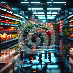 Futuristic shopping cart stocked with a variety of vibrant fresh vegetables