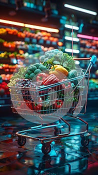 Futuristic shopping cart stocked with a variety of vibrant fresh vegetables