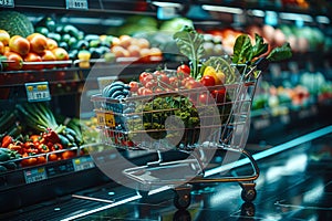 Futuristic shopping cart stocked with a variety of vibrant fresh vegetables