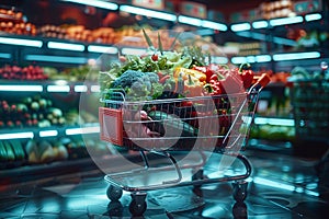 Futuristic shopping cart stocked with a variety of vibrant fresh vegetables