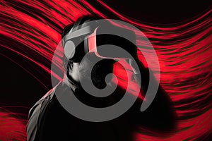 Futuristic silhouette of a man in virtual reality glasses on a red-black background. Generative ai