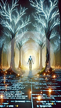 Futuristic Silhouette Walking Through Digital Forest Of Glowing Code Trees