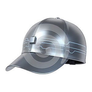Futuristic silver baseball cap with integrated microchip and circuit patterns on transparent background