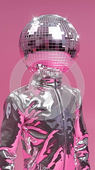 Futuristic Silver Disco Ball Head on Pink Background with Reflective Metallic Suit