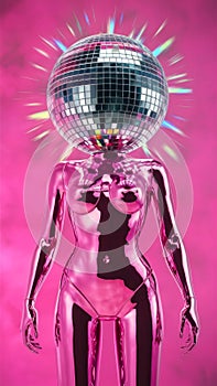 Futuristic Silver Robot Woman with Disco Ball Head on Pink Background