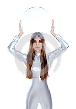 Futuristic silver woman holding glass helmet