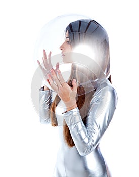 Futuristic silver woman profile glass helmet