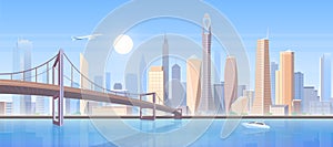 Futuristic skyline of modern city, metropolis cityscape with infrastructure, bridge