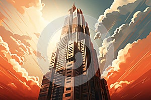 Futuristic skyscraper against sunset sky