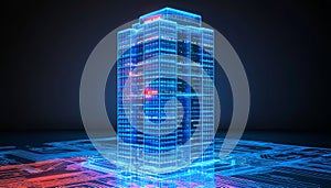 Futuristic Skyscraper Of Code Data On Glowing Circuit Board, Symbolizing Digital Age.