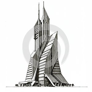Futuristic skyscraper design featuring sharp, angular lines and multiple tiers
