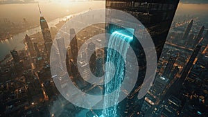 Futuristic Data Waterfall Skyscraper at Sunset
