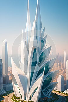 Futuristic skyscraper with high tech design and amazing landscape generative ai