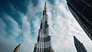 Futuristic skyscraper illuminates Dubai modern skyline, reflecting success and growth generated by AI