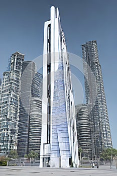 futuristic skyscraper in the middle of the old city, realistic, kids story book style, muted colors, watercolor style, Ai