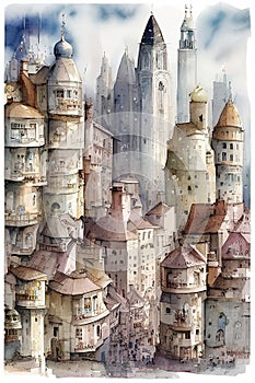 futuristic skyscraper in the middle of the old city, realistic, kids story book style, muted colors, watercolor style, Ai