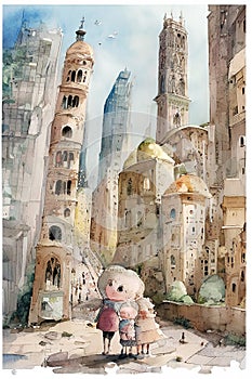 futuristic skyscraper in the middle of the old city, realistic, kids story book style, muted colors, watercolor style, Ai