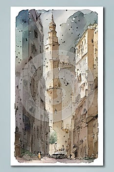 futuristic skyscraper in the middle of the old city, realistic, kids story book style, muted colors, watercolor style, Ai